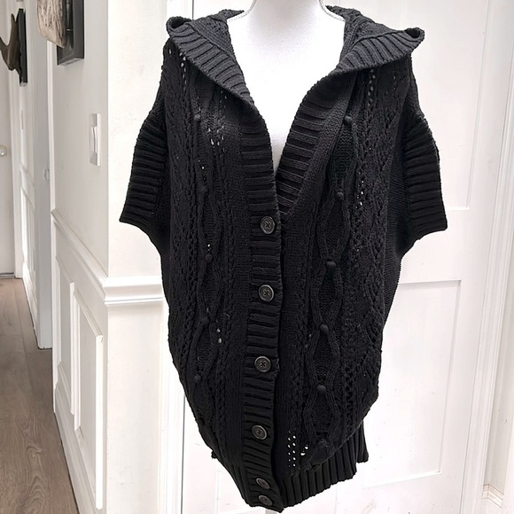 Moda Intl Womens Black Cotton Hooded Cable Knit Cardigan S Dark Academia Cozy - Picture 4 of 11